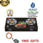 Nunix Glass Table Top Double Burner Gas Stove + Pipe & Regulatorf