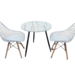Marble effect table and 2 Eames chairs