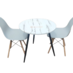 Marble effect table and 2 Eames chair