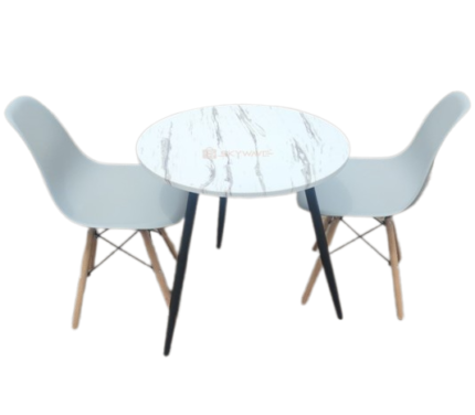 Marble effect table and 2 Eames chair