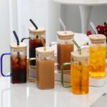 Square smoothie glass cup with bamboo lid