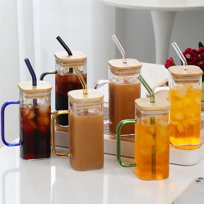 Square smoothie glass cup with bamboo lid
