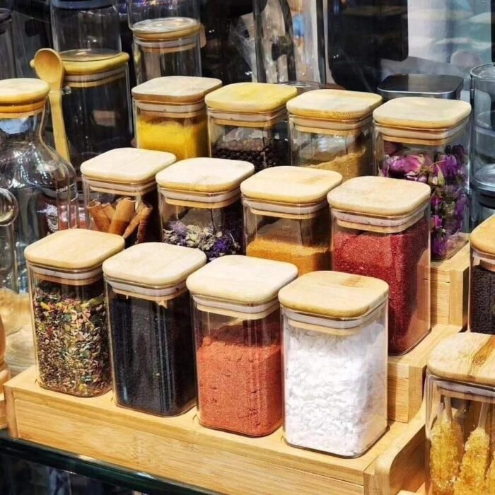 12pcs Square Glass Spice Jar Set with Bamboo Stand