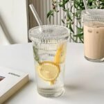 375ml Simple Stripe Glass Cup with Lid and Straw