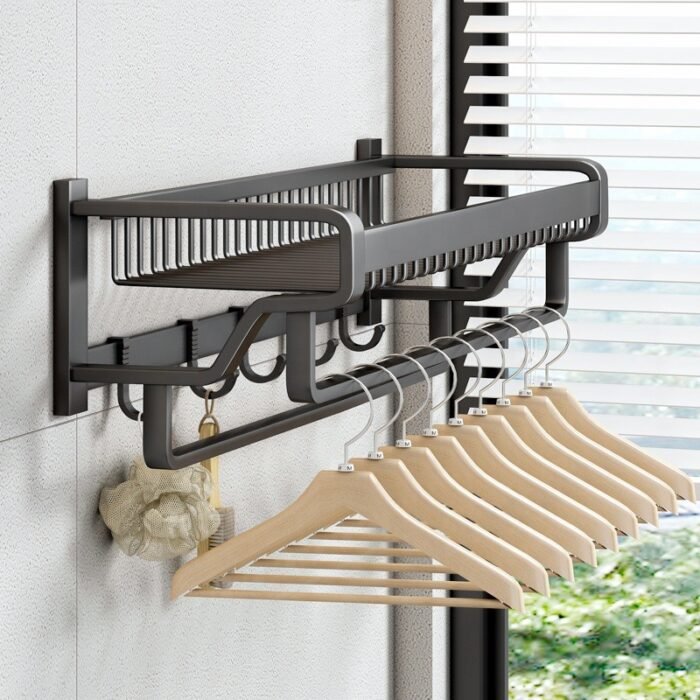 Bathroom wall mounted towel rack accessory with hooks