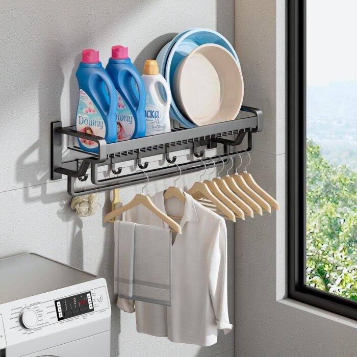 Bathroom wall mounted towel rack accessory with hooks