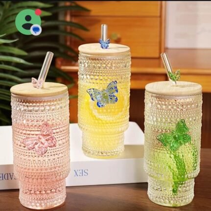 3pcs 475ml Glass Cup with Lid and Straw