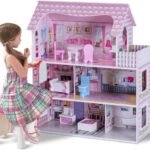 Pink Wooden Kids Doll House with Furniture Set