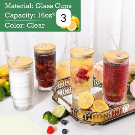 6pcs 475ml Glass Cup with Lid and Straw