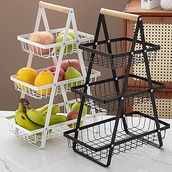 Versatile metallic 3 layer triangular fruit rack