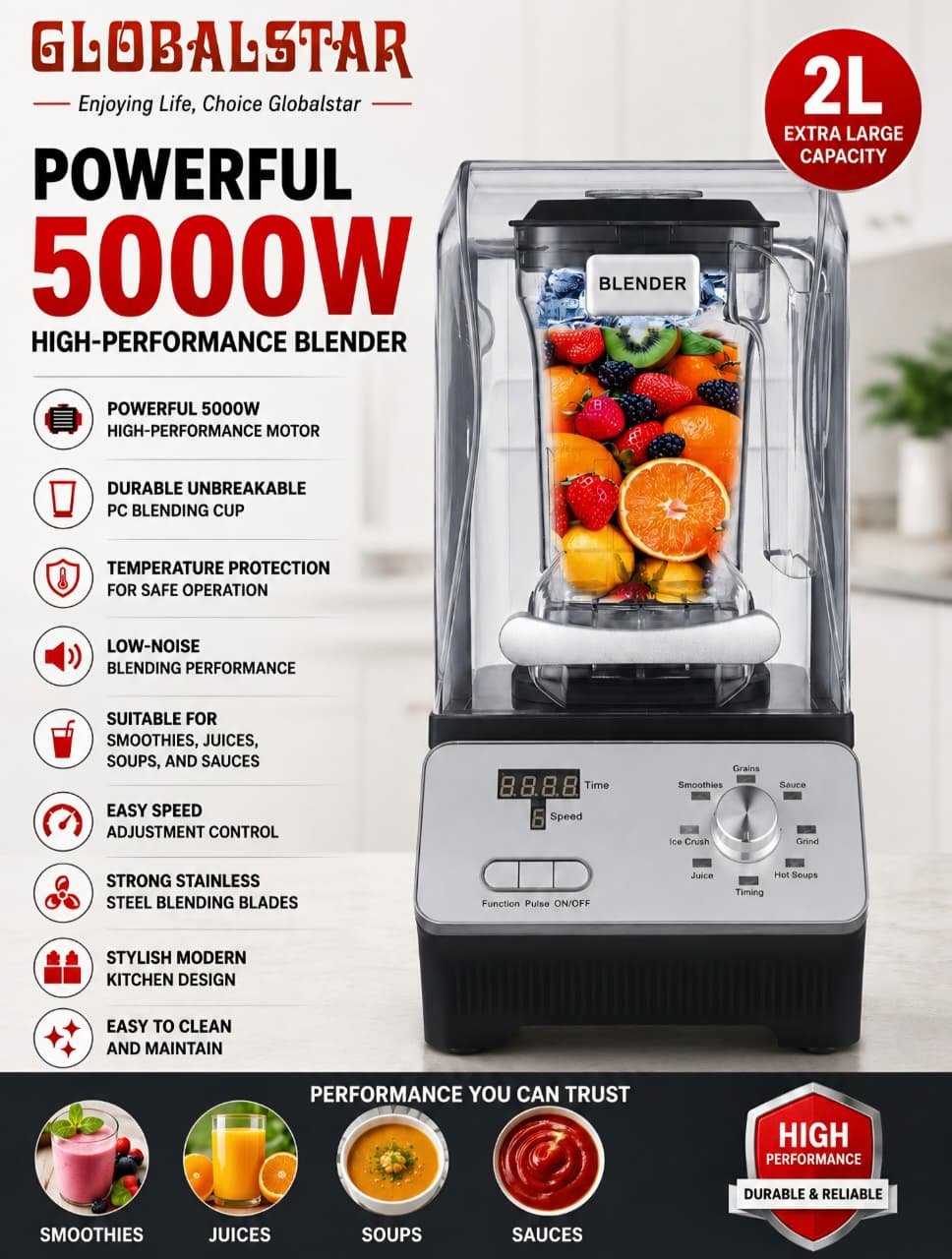 Globalstar 5000w 2L Commercial Blender GS-1682 Globalstar 5000w 2L Commercial Blender GS-1682