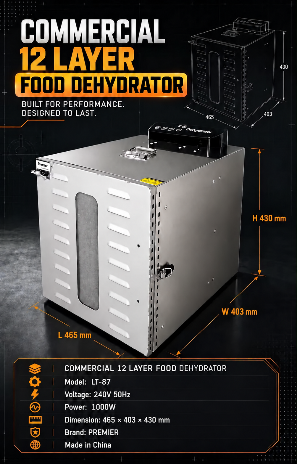 Clean Product Panel Without Price Badge Commercial 12 Layer Food Dehydrator – 1000W, LT-87 - Image 1